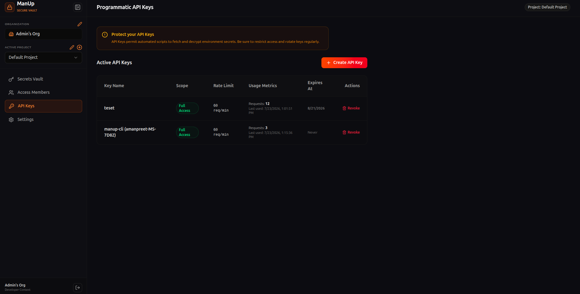 API Key Provisioning & Scope Selector