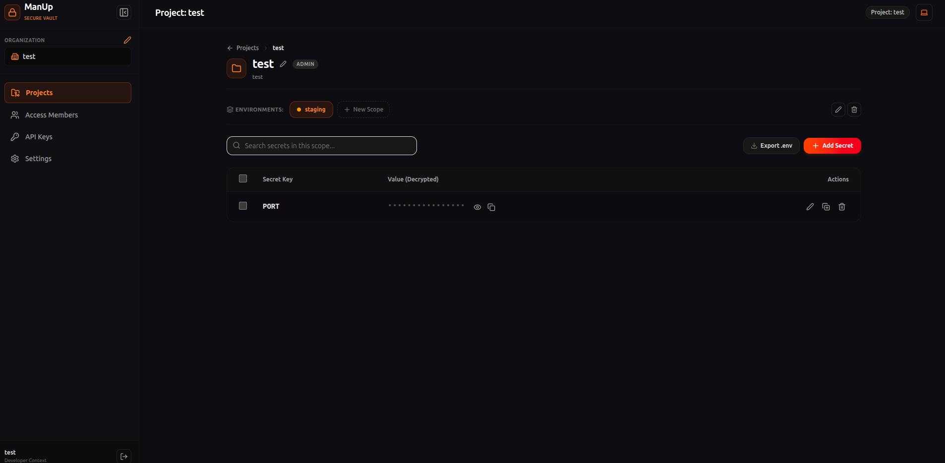 Encrypted Secrets Table - Dark Mode